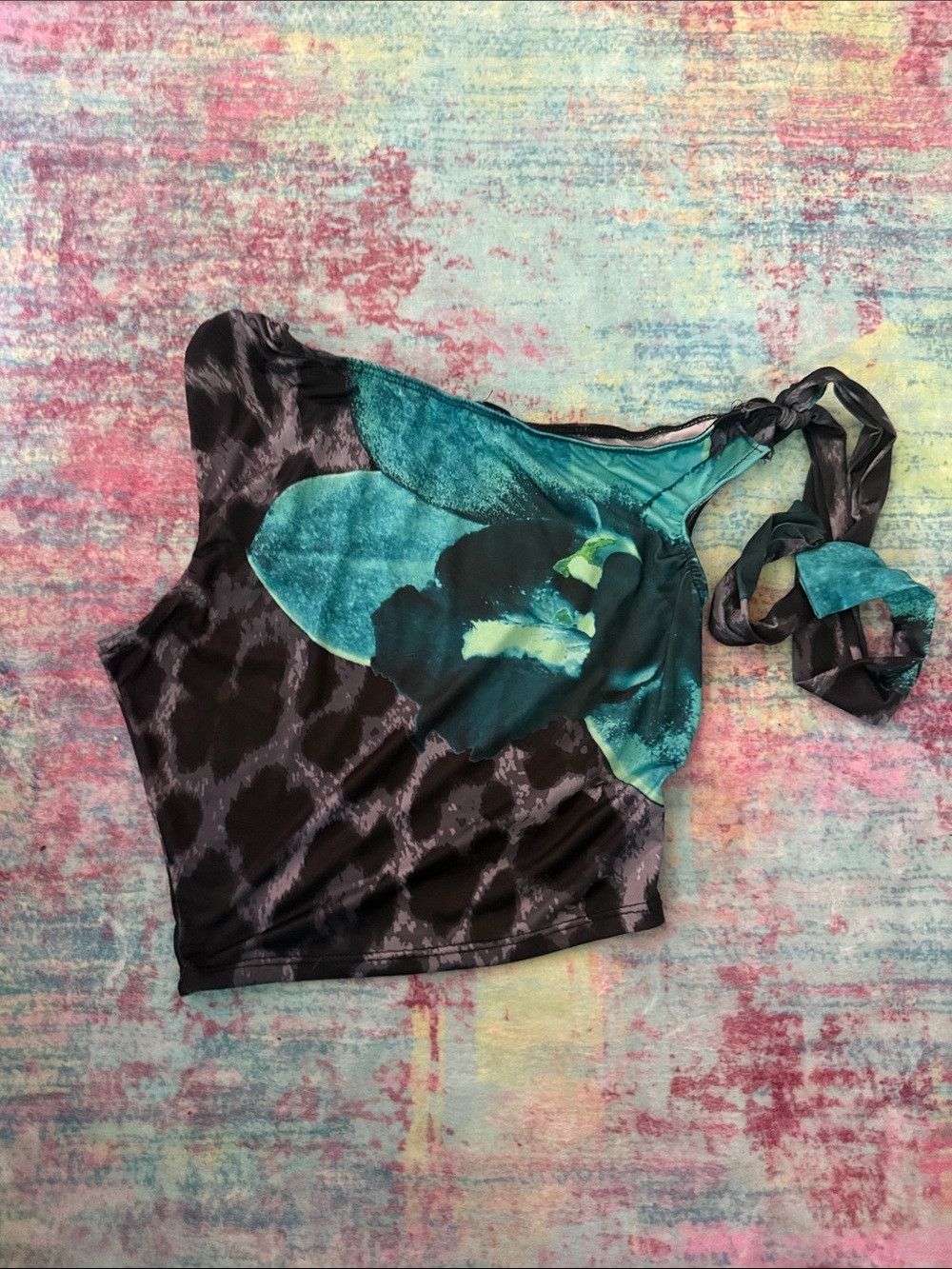 Fashion Nova Teal and Black One-Shoulder Tie Strap Crop Top